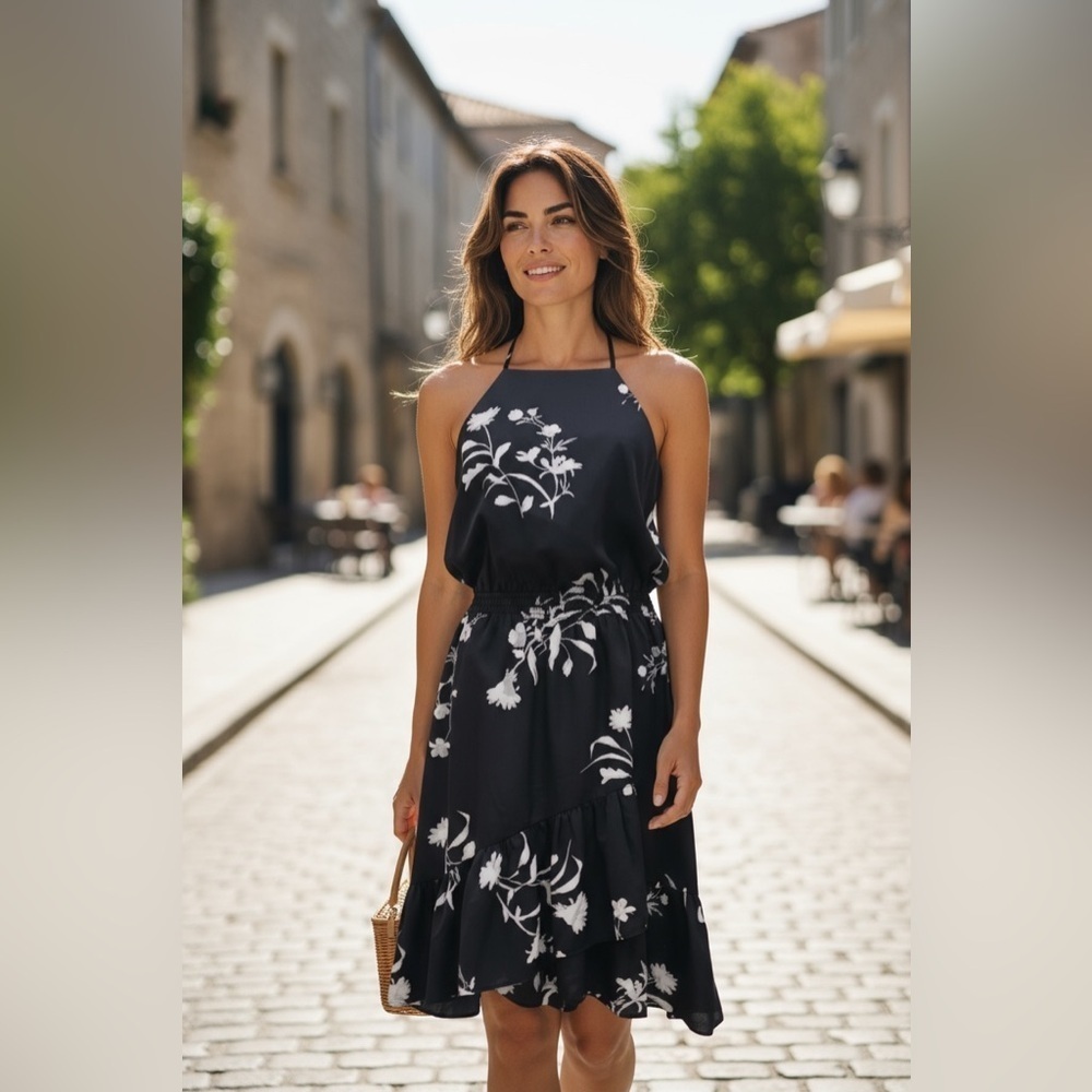 JOIE Deme B Floral Faux Wrap Ruffle Hem Dress Navy Blue White - Retails $398 - Picture 11 of 11